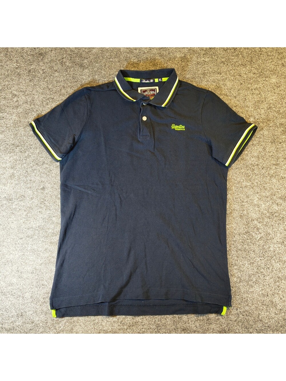 Superdry Men's Dark Navy Blue Polo Shirt London Fit XL Neon Green Trim